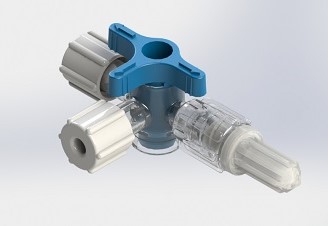 Standard 3-way medical stopcock with blue handle for fluid control.